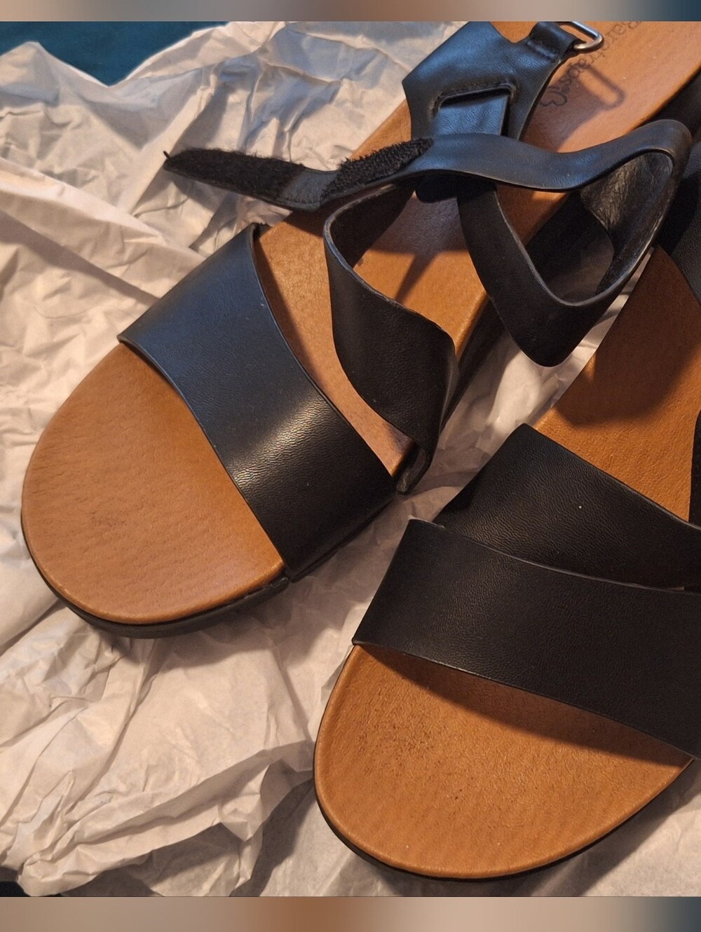 BareTraps Black Strappy Sandals with Tan Footbed